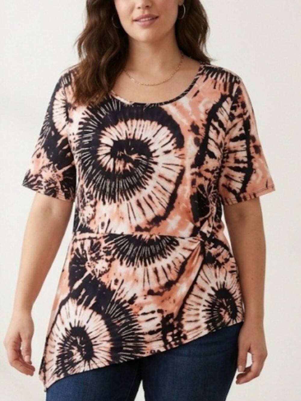 Cato Peach Tie - Dye Short Sleeve Top Size XL Asymmetrical Hem Boho